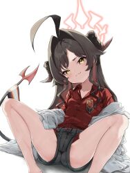 Rule 34 | 1girl, ahoge, black hair, black shorts, blue archive, blush, breasts, closed mouth, coat, collarbone, colored inner hair, commentary, demon girl, demon horns, demon tail, drill hair, drill sidelocks, feet out of frame, hair intakes, halo, highres, horns, huge ahoge, kasumi (blue archive), long hair, long sleeves, looking at viewer, multicolored hair, oozumi 03, reclining, red hair, red halo, red shirt, shirt, shirt tucked in, short shorts, shorts, sidelocks, simple background, sleeves past wrists, small breasts, solo, spread legs, tail, two-tone hair, white background, white coat, yellow eyes