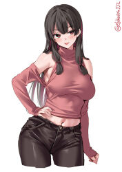 Rule 34 | 1girl, alternate costume, armpits, bare shoulders, black hair, black pants, blush, breasts, commentary request, cropped legs, ebifurya, hair ribbon, hand on own hip, highres, isokaze (kancolle), kantai collection, large breasts, long hair, looking at viewer, navel, one-hour drawing challenge, pants, red eyes, ribbon, sidelocks, simple background, solo, stomach, thighs, tongue, tongue out, tress ribbon, twitter username, white background