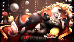 Rule 34 | 1girl, absurdres, azur lane, bare shoulders, black dress, black gloves, black thighhighs, blood, blood on clothes, bloody clothes, bloody dress, breasts, cleavage, couch, dress, drill hair, drill sidelocks, elbow gloves, fang, fang out, flower, food, fruit, full body, garter straps, gloves, highres, holding, holding food, holding fruit, large breasts, long hair, looking at viewer, luetzow (azur lane), luetzow (everlasting blood banquet) (azur lane), manjuu (azur lane), myria (7855), nail polish, no shoes, official alternate costume, on bed, open mouth, plate, red eyes, red flower, red nails, red rose, rose, sidelocks, sitting, smile, solo, table, thighhighs, thighs, vase, white hair