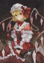 Rule 34 | 1girl, alternate costume, artist name, blonde hair, bow, bowtie, brown background, closed mouth, commentary, cowboy shot, crystal wings, dress, english commentary, flandre scarlet, frilled dress, frills, hair between eyes, hat, hat bow, highres, long sleeves, looking at viewer, mob cap, painting (medium), red bow, red bowtie, red dress, red eyes, short hair, simple background, solo, touhou, traditional media, watercolor (medium), white hat, yuuren kyouko