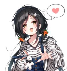 Rule 34 | 1girl, :3, :d, black hair, carrot hair ornament, collarbone, fang, food-themed hair ornament, hair ornament, hairclip, heart, highres, long hair, long sleeves, looking at viewer, low twintails, open mouth, original, overalls, shirt, simple background, smile, solo, spoken heart, strap slip, striped clothes, striped shirt, twintails, upper body, white background, white shirt, wide sleeves, yaya (yayaa 00), yellow eyes