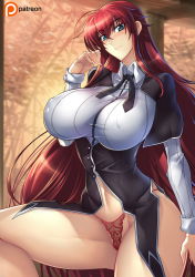 Rule 34 | 1girl, ahoge, blouse, blush, breasts, covered erect nipples, framed breasts, green eyes, haganef, hair between eyes, high school dxd, highres, huge breasts, impossible clothes, impossible shirt, long hair, looking at viewer, navel, no pants, panties, red hair, red panties, rias gremory, shirt, solo, striped clothes, striped panties, tagme, thighs, thong, underwear, very long hair, white shirt