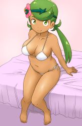 Rule 34 | 1girl, barefoot, bed, bikini, breasts, cleavage, closed mouth, commentary request, creatures (company), dark-skinned female, dark skin, flower, game freak, green eyes, green hair, hair flower, hair ornament, halterneck, highres, large breasts, long hair, looking at viewer, low twintails, mallow (pokemon), navel, nintendo, on bed, pokemon, pokemon sm, side-tie bikini bottom, sitting, smile, solo, string bikini, swept bangs, swimsuit, tof, twintails, white bikini