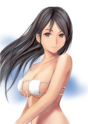 Rule 34 | 1girl, bare arms, bare shoulders, bikini, black eyes, black hair, breasts, cleavage, closed mouth, collarbone, copyright request, eyepatch bikini, from side, gradient background, long hair, looking at viewer, looking to the side, medium breasts, nannacy7, parted bangs, smile, solo, strapless, strapless bikini, swimsuit, tareme, underboob, upper body, white bikini