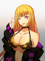 Rule 34 | 1girl, bikini, bikini under clothes, black bikini, blonde hair, breasts, cleavage, concept art, fashion, highres, kitagawa marin, large breasts, long hair, looking at viewer, oiessw, one eye closed, pink eyes, red eyes, self-upload, smile, solo, sono bisque doll wa koi wo suru, swimsuit, tagme, tongue, tongue out, upper body