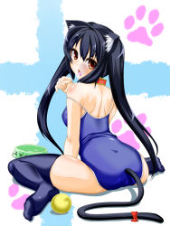 Rule 34 | 1girl, animal ears, ass, black hair, cat ears, cat girl, cat tail, collar, female focus, highres, k-on!, kaizuka, long hair, looking at viewer, looking back, milk, nakano azusa, one-piece swimsuit, open mouth, paw pose, red eyes, school swimsuit, sitting, solo, strap slip, swimsuit, tail, thighhighs, tongue, twintails, wariza