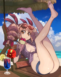Rule 34 | 1girl, alternate costume, ass, bare legs, barefoot, bow, breasts, cleavage, cloud, cloudy sky, drill hair, eyewear on head, feet, hat, hat bow, highres, light brown hair, ribbon, round eyewear, shirt, shorts, sky, small breasts, solo, sunglasses, syope, tied shirt, top hat, touhou, twin drills, yorigami jo&#039;on