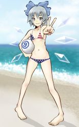 Rule 34 | 1girl, american flag bikini, american flag print, bad id, bad pawoo id, ball, bare arms, bare legs, beach, bikini, blue bow, blue eyes, blue hair, blush, bow, breasts, carrying, carrying under arm, circled 9, cirno, closed mouth, cloud, cloudy sky, collarbone, day, detached wings, diamond (shape), facing viewer, fairy, feet, fingernails, flag print, full body, gluteal fold, groin, hair between eyes, hair bow, hand on own hip, holding, holding ball, ice, ice wings, kaztah, legs, legs apart, long legs, looking at viewer, lowleg, lowleg bikini, micro bikini, navel, outdoors, petite, pigeon-toed, print bikini, ribs, sand, shadow, short hair, sidelocks, sky, small breasts, smile, solo, standing, star (symbol), star print, striped bikini, striped clothes, swimsuit, toes, touhou, tsurime, v, volleyball (object), water, wings