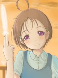 Rule 34 | 10s, 1girl, ahoge, brown hair, collared shirt, commentary request, feathers, hair ornament, hairclip, holding, looking at viewer, love live!, love live! sunshine!!, purple eyes, shirt, short hair, short sleeves, smile, solo, sunset, takami chika&#039;s mother, tsurupeta (pikapika45), vest, white feathers