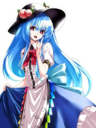 Rule 34 | 1girl, :d, bad id, bad nicoseiga id, blue hair, bow, dress, female focus, food, fruit, hat, hinanawi tenshi, jpeg artifacts, long hair, looking at viewer, open mouth, peach, pink eyes, puffy sleeves, red eyes, shirt, short sleeves, simple background, skirt, smile, solo, takemori shintarou, touhou, very long hair, white background