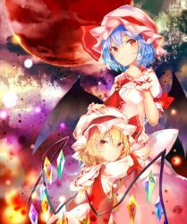 Rule 34 | 2girls, ascot, bat wings, blonde hair, blue hair, blush, bow, brooch, commentary request, crystal, dress, flandre scarlet, frilled shirt collar, frills, hair between eyes, hand on another&#039;s head, hand up, hat, hat ribbon, highres, hug, jewelry, light particles, looking at viewer, looking back, mob cap, moon, multiple girls, pink hat, puffy short sleeves, puffy sleeves, red ascot, red eyes, red moon, red ribbon, red vest, remilia scarlet, ribbon, sakusyo, short hair, short sleeves, siblings, sisters, sky, star (sky), starry sky, touhou, upper body, vest, white bow, white dress, white hat, wings, wrist cuffs, yellow ascot