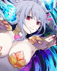 Rule 34 | 1girl, arm up, armor, armpits, bikini armor, blue hair, blue skin, breasts, cleavage, collar, colored inner hair, colored skin, earrings, fate/grand order, fate (series), gradient skin, hair ribbon, highres, jewelry, kama (fate), kama (third ascension) (fate), kino kokko, large breasts, long hair, looking at viewer, metal collar, multicolored hair, red eyes, ribbon, smile, solo, two-tone hair, white hair