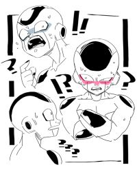 Rule 34 | !, !!, !?, ?, alien, black nails, blush, clenched teeth, collarbone, confused, crossed arms, dragon ball, dragonball z, embarrassed, expression chart, frieza, jaw drop, kokusoji, monochrome, multiple views, nail polish, open mouth, pointing, pointing at self, sketch, spot color, surprised, sweat, sweatdrop, nervous sweating, teeth, toned, toned male, upper body