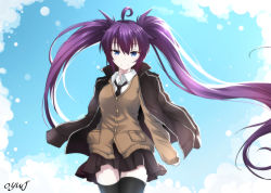 Rule 34 | 1girl, ahoge, artist name, asymmetrical hair, black jacket, black necktie, black rock shooter, black rock shooter (character), black skirt, black thighhighs, blazer, blue eyes, blue sky, brown cardigan, cardigan, closed mouth, collared shirt, cowboy shot, day, dress shirt, floating hair, hair between eyes, hand in pocket, highres, jacket, jacket on shoulders, long hair, looking at viewer, miniskirt, necktie, open clothes, open jacket, outdoors, oywj, pleated skirt, purple hair, school uniform, shirt, skirt, sky, smile, solo, standing, thighhighs, twintails, very long hair, white shirt, wing collar, zettai ryouiki