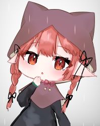 Rule 34 | 1girl, animal ears, aoringo orin, bell, blush, braid, capelet, cat ears, chestnut mouth, chibi, grey background, hand up, highres, hood, jingle bell, kaenbyou rin, looking at viewer, pointy ears, poncho, rain, red hair, solo, touhou, twin braids