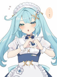 Rule 34 | 1girl, absurdres, apron, aqua hair, blue choker, blush, choker, colored eyelashes, commentary, faruzan (cafe) (genshin impact), faruzan (genshin impact), genshin impact, green eyes, hair ornament, heart, heart hands, highres, long hair, looking at viewer, maid, official alternate costume, puffy short sleeves, puffy sleeves, shirt, short sleeves, simple background, solo, twintails, upper body, ura (hamburg oniku), very long hair, waist apron, white apron, white background, white shirt, x hair ornament