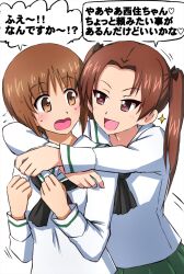 Rule 34 | 2girls, arms around neck, black bow, black neckerchief, blouse, blush, bow, brown eyes, brown hair, commentary, flying sweatdrops, girls und panzer, green skirt, hair bow, heart, heart-shaped pupils, highres, hug, kadotani anzu, light frown, long hair, long sleeves, looking at another, looking back, motion lines, multiple girls, neckerchief, nishizumi miho, omachi (slabco), ooarai school uniform, open mouth, parted bangs, pleated skirt, sailor collar, school uniform, serafuku, shirt, short hair, skirt, smile, sparkle, standing, sweatdrop, symbol-shaped pupils, translated, twintails, white sailor collar, white shirt