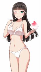 Rule 34 | 1girl, ;), black hair, blunt bangs, blush, bra, breasts, chalice, cleavage, commentary request, cup, food, green eyes, hair ornament, hairclip, kurosawa dia, long hair, love live!, love live! sunshine!!, medium breasts, mole, mole under mouth, navel, one eye closed, panties, shaved ice, simple background, smile, solo, spoon, stomach, underwear, underwear only, white background, white bra, white panties, wink, yopparai oni