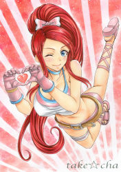 Rule 34 | 1girl, ;), ankle lace-up, artist name, bare shoulders, belt, blue eyes, blush, bow, breasts, choker, cleavage, collarbone, creatures (company), crop top, cross-laced footwear, game freak, gloves, groin, hair bow, heart, heart hands, large breasts, long hair, looking at viewer, marker (medium), midriff, navel, nintendo, one eye closed, penelope (pokemon xy013), pink gloves, pink hair, pokemon, pokemon (anime), pokemon xy (anime), ponytail, premiere (pokemon), red hair, shirt, short shorts, shorts, sleeveless, smile, solo, takecha, tank top, taut clothes, taut shirt, traditional media