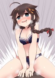 Rule 34 | 1girl, ahoge, black hair, blue bra, blue eyes, blue panties, bow, bow bra, bow panties, bra, braid, breasts, clothed sex, clothing aside, cowgirl position, girl on top, hair flaps, hair ornament, hair over shoulder, heart, heart-shaped pupils, highres, jewelry, kantai collection, medium breasts, navel, panties, panties aside, ring, sex, shigure (kancolle), simoyuki, single braid, solo focus, straddling, sweat, symbol-shaped pupils, underwear, underwear only, wedding band