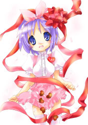 Rule 34 | 00s, 1girl, :d, anna miller, apron, badge, blue hair, blush, bow, breasts, candy, chocolate, chocolate heart, cowboy shot, food, food on face, hair bow, hairband, head tilt, heart, hiiragi tsukasa, kunreishiki, looking at viewer, lucky star, maid, miniskirt, nose blush, nyanmilla, open mouth, pink apron, pink bow, pink hairband, pink thighhighs, puffy short sleeves, puffy sleeves, purple hair, red ribbon, ribbon, romaji text, short hair, short sleeves, skirt, small breasts, smile, solo, standing, tareme, thighhighs, waitress, zettai ryouiki