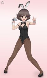 Rule 34 | 1girl, absurdres, acrux, akiyama yukari, animal ears, black bow, black bowtie, black leotard, blush, bow, bowtie, breasts, brown eyes, brown hair, camera, fake animal ears, fishnet pantyhose, fishnets, full body, girls und panzer, highres, holding, holding camera, leotard, looking at viewer, open mouth, pantyhose, pink background, playboy bunny, pointing, pointing at viewer, rabbit ears, short hair, simple background, small breasts, smile, solo