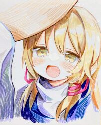 Rule 34 | 1girl, blonde hair, blush, commentary, hair ribbon, hatching (texture), highres, long hair, looking at viewer, marker (medium), moni monico, moriya suwako, open mouth, portrait, ribbon, solo, symbol-only commentary, touhou, traditional media, white background, yellow eyes
