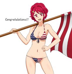 Rule 34 | 10s, 1girl, aikatsu!, aikatsu! (series), american flag, american flag bikini, american flag print, bikini, breasts, cleavage, english text, flag, flag print, front-tie top, hakuyou-choun, hand on own hip, highres, ichinose kaede, looking at viewer, navel, open mouth, print bikini, red eyes, red hair, shiny skin, short hair, smile, solo, strap gap, swimsuit