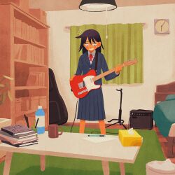 Rule 34 | 1girl, amplifier, black hair, blue jacket, blue skirt, book, cabinet, cable, carpet, clock, cup, curtains, electric guitar, fender telecaster, flower, guitar, guitar case, highres, holding, holding guitar, holding instrument, indoors, instrument, instrument case, jacket, kunitarou-art, lamp, long hair, mug, original, pencil, pleated skirt, school, shirt, skirt, solo, standing, table, tissue box, wall clock, white shirt