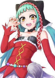 Rule 34 | 1girl, absurdres, animal hood, aqua hair, bare shoulders, breasts, cat food (vocaloid), cat hood, choker, detached sleeves, frills, green hair, hatsune miku, highres, hood, long hair, long sleeves, looking at viewer, open mouth, piku 39, simple background, skirt, small breasts, smile, solo, songover, twintails, very long hair, vocaloid, yellow eyes