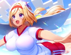 Rule 34 | 1girl, :d, aki rosenthal, blonde hair, blue sky, blush, breasts, cloud, cloudy sky, day, detached hair, gym shirt, gym shorts, gym uniform, hairband, headgear, highres, hololive, long hair, low twintails, medium breasts, mikomiko (mikomikosu), minecraft, open mouth, outdoors, purple eyes, red hairband, red shorts, shirt, short shorts, short sleeves, shorts, sky, smile, solo, twintails, very long hair, virtual youtuber, white shirt