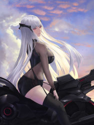 Rule 34 | 1girl, absurdres, beak (girls&#039; frontline), bike shorts, biker clothes, breasts, girls&#039; frontline, hairband, highres, large breasts, long hair, looking at viewer, motor vehicle, motorcycle, red eyes, sangvis ferri, shorts, silver hair, simple background, sitting, solo, thighhighs, un lim