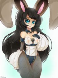 Rule 34 | 1girl, animal ears, aqua eyes, bad id, bad tumblr id, bare shoulders, black hair, blue eyes, breasts, cleavage, colored eyelashes, detached collar, detached sleeves, dress, earrings, eyelashes, fake animal ears, fishnet pantyhose, fishnets, gloves, hand on own chest, jewelry, large breasts, leotard, lips, lipstick, long hair, looking at viewer, makeup, narrow waist, original, pantyhose, playboy bunny, puffy sleeves, rabbit ears, see-through, shimmer (obo), signature, slugbox, smile, solo, standing, strapless, strapless dress, stud earrings, thigh gap, very long hair