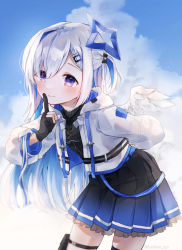 Rule 34 | 1girl, amane kanata, amane kanata (work), arm behind back, black dress, black gloves, blue hair, blue sky, blush, closed mouth, cloud, cloudy sky, commentary request, day, dress, feathered wings, finger to mouth, frilled dress, frills, gloves, hair ornament, hairclip, hand up, highres, hololive, hood, hood down, hooded jacket, jacket, leaning forward, long hair, long sleeves, multicolored hair, one side up, open clothes, open jacket, outdoors, partially fingerless gloves, pleated dress, puffy long sleeves, puffy sleeves, purple eyes, shushing, silver hair, sky, solo, spi, twitter username, two-tone hair, very long hair, virtual youtuber, white jacket, white wings, wings