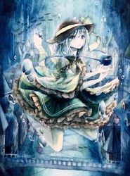Rule 34 | 1girl, absurdres, air bubble, aqua hair, bad id, bad pixiv id, black hat, blue eyes, blue theme, blurry, bridge, bubble, building, city, clock, clock tower, commentary, dress, faux traditional media, fish, hat, highres, komeiji koishi, muted color, open mouth, petticoat, scenery, shinonome myoke, solo, surreal, touhou, tower, underwater