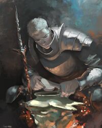 Rule 34 | 1boy, armor, black background, blonde hair, blue background, closed mouth, cutting, dungeon meshi, expressionless, feet out of frame, food, highres, kanji (nievart), knife, laios touden, male focus, multicolored background, solo, sword, watercolor background, watercolor effect, weapon
