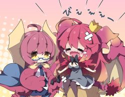 Rule 34 | 2girls, ahoge, black bow, black dress, black legwear, black neckwear, black skirt, blue-framed eyewear, blush, bow, breasts, brown hair, brown wings, chibi, cleavage, closed eyes, closed mouth, collared shirt, commentary request, crossed bandaids, crown, crying, curled horns, dragon girl, dragon horns, dragon tail, dragon wings, dress, fang, hair between eyes, highres, horns, long hair, medium breasts, milkpanda, mini crown, monster hunter (series), multiple girls, necktie, no shoes, nose blush, open mouth, pantyhose, personification, red hair, semi-rimless eyewear, shirt, sitting, skirt, soles, tail, teostra, tilted headwear, translation request, under-rim eyewear, very long hair, wavy mouth, white shirt, wings, yellow eyes, yian kut-ku