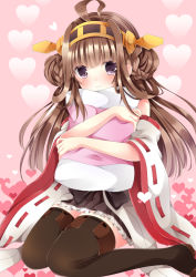 Rule 34 | 10s, 1girl, ahoge, black thighhighs, boots, brown hair, detached sleeves, double bun, frilled skirt, frills, hair bun, hair ornament, hairband, headgear, heart, japanese clothes, kantai collection, kongou (kancolle), long hair, looking at viewer, miko, nogi takayoshi, hugging object, personification, pillow, pillow hug, purple eyes, ribbon-trimmed sleeves, ribbon trim, skirt, smile, solo, thigh boots, thighhighs