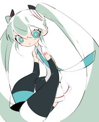Rule 34 | 1girl, absurdres, black skirt, blue eyes, blue necktie, collared shirt, detached sleeves, hair between eyes, hair ornament, hatsune miku, highres, long hair, long sleeves, looking at viewer, necktie, nedoco, number tattoo, pleated skirt, shirt, skirt, solo, tattoo, twintails, vocaloid, white background, white shirt, wide sleeves, yellow pupils