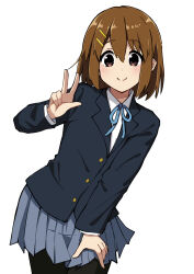 Rule 34 | 1girl, black jacket, black pantyhose, blush, brown eyes, brown hair, buttons, closed mouth, collared shirt, commentary request, cowboy shot, grey skirt, hair between eyes, hair ornament, hairclip, hand on own thigh, hand up, hirasawa yui, jacket, k-on!, leaning, leaning to the side, long sleeves, looking at viewer, neck ribbon, nyagonya21, pantyhose, pleated skirt, ribbon, school uniform, shirt, skirt, smile, solo, split mouth, w, white background, white shirt