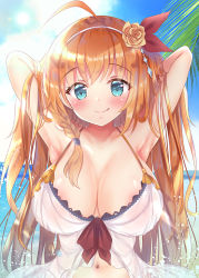 Rule 34 | 1girl, ahoge, areola slip, armpits, blue eyes, blush, braid, breasts, cleavage, cloud, cloudy sky, commentary request, day, flower, hair between eyes, hair flower, hair ornament, hairband, halterneck, hands in hair, large breasts, long hair, looking at viewer, navel, ocean, orange hair, pecorine (princess connect!), pecorine (summer) (princess connect!), princess connect!, rikatan, single braid, sky, smile, solo, tongue, tongue out, upper body