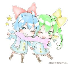 Rule 34 | 029pom, 2girls, bad id, bad pixiv id, blue eyes, blue hair, boots, bow, cheek-to-cheek, chibi, cirno, coat, daiyousei, dated, green eyes, green hair, grin, hair bow, heads together, holding hands, ice, ice wings, lowres, multiple girls, one eye closed, scarf, shared clothes, shared scarf, side ponytail, smile, star (symbol), touhou, twitter username, v, wavy mouth, wings
