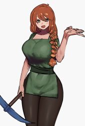 Rule 34 | 1girl, :d, absurdres, alex (minecraft), blush, braid, breasts, curvy, dress, green eyes, highres, holding, holding pickaxe, large breasts, long hair, looking at viewer, mano (manobece), minecraft, open mouth, orange hair, pickaxe, smile, solo, standing, sweat
