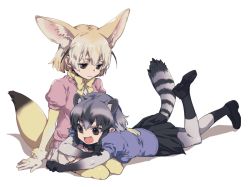 Rule 34 | 2girls, animal ear fluff, animal ears, black hair, blonde hair, bow, bowtie, commentary, common raccoon (kemono friends), elbow gloves, extra ears, fang, fennec (kemono friends), fox ears, fox tail, fur collar, fur trim, gloves, grey hair, kemono friends, loafers, lying, lying on lap, multicolored hair, multiple girls, on stomach, open mouth, pantyhose, pleated skirt, puffy short sleeves, puffy sleeves, raccoon ears, raccoon tail, seiza, shoes, short hair, short sleeves, sitting, skirt, sumida00rio, sweater, symbol-only commentary, tail, thighhighs, white hair