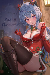 Rule 34 | 1girl, absurdres, aendi en d endei, ahoge, bare shoulders, bell, black thighhighs, blue hair, bound, breasts, christmas, christmas lights, dress, elbow gloves, fur collar, ganyu (genshin impact), genshin impact, glass writing, gloves, goat horns, hands up, highres, horns, large breasts, looking at viewer, merry christmas, neck bell, open mouth, pom pom (clothes), purple eyes, raised eyebrows, santa dress, santa gloves, short dress, sitting, skindentation, solo, thighhighs, thighs, tied up (nonsexual), torn clothes, torn thighhighs, vision (genshin impact), window