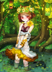 Rule 34 | 1boy, androgynous, bag, blush, bracelet, brown hair, daffodil (qurare), dress, dress tug, glowing, glowing eyes, hair ornament, hairband, jewelry, kneeling, lantern, leaf, looking at viewer, lots of jewelry, male focus, original, partially submerged, qurare magic library, red eyes, riccae, short hair, smile, solo, stuffed animal, stuffed toy, tears, teddy bear, trap, wading, water, wet, wet clothes, wreath