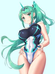 Rule 34 | 1girl, blue background, blush, breasts, competition swimsuit, covered erect nipples, covered navel, earrings, female focus, green eyes, green hair, highleg, highleg swimsuit, highres, jewelry, large breasts, long hair, looking at viewer, matching hair/eyes, nemunemu semi, nintendo, one-piece swimsuit, pneuma (xenoblade), ponytail, smile, spoilers, swept bangs, swimsuit, upper body, xenoblade chronicles (series), xenoblade chronicles 2