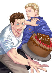 Rule 34 | 2boys, albert wesker, black pants, blonde hair, blouse, blue eyes, blue shirt, blush, brown hair, brown pants, cake, chris redfield, collared shirt, food, holding, holding tray, looking at another, male focus, multiple boys, open mouth, pants, parted lips, resident evil, resident evil 1, shirt, short hair, tray, white shirt, you mama n