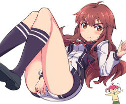 Rule 34 | &gt;:(, 2girls, ahoge, between legs, black socks, blush, cosplay, costume switch, crossover, enomoto yuiko, enomoto yuiko (cosplay), eyebrows, frown, hand between legs, isshiki akane, isshiki akane (cosplay), kneehighs, legs, long hair, love lab, michairu, multiple girls, outstretched arms, red eyes, red hair, ribbon, sakura ayane, school uniform, shoes, short hair, short shorts, shorts, socks, twintails, v-shaped eyebrows, vividred operation, voice actor connection, white background