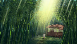 Rule 34 | 1girl, architecture, bad id, bad pixiv id, bamboo, bamboo forest, chenyin, east asian architecture, eientei, forest, from behind, fujiwara no mokou, grass, highres, light rays, long hair, long sleeves, nature, outdoors, pointing, scenery, sunbeam, sunlight, touhou, very long hair, white hair